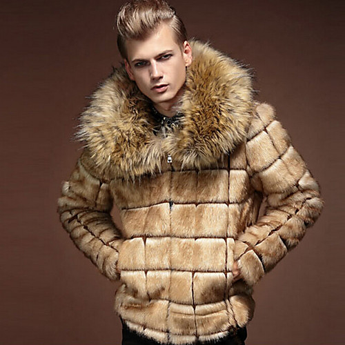 

Men's Fur Coats Plaid Winter Fur Coat Regular Daily Long Sleeve Faux Fur Coat Tops Brown