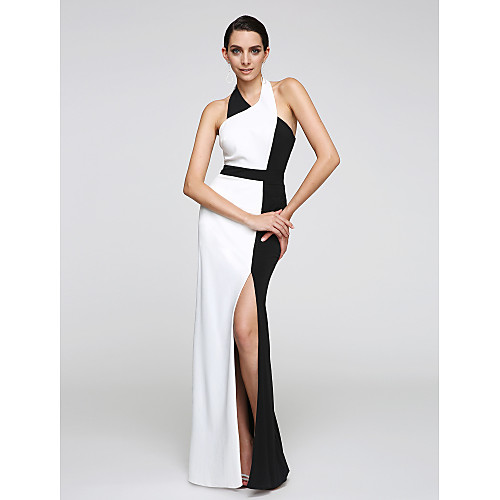 

Sheath / Column Color Block Holiday Cocktail Party Prom Dress Halter Neck Sleeveless Floor Length Chiffon with Split Front 2021