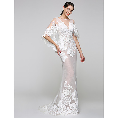 

Mermaid / Trumpet Wedding Dresses V Neck Sweep / Brush Train Tulle Sheer Lace Lace Over Tulle Half Sleeve Sexy See-Through Illusion Detail Backless with Appliques 2021