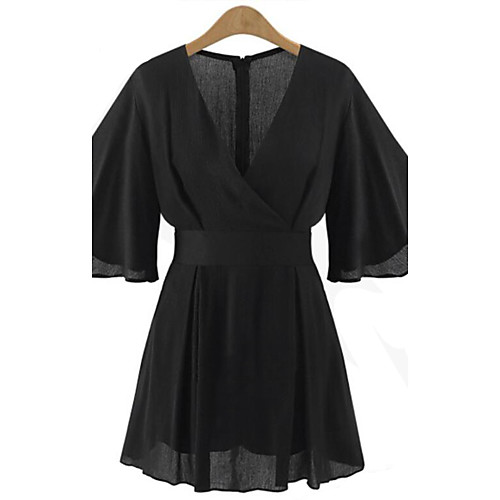 

Women's Plus Size Streetwear V Neck Flare Sleeve White Black Romper Solid Colored Pleated