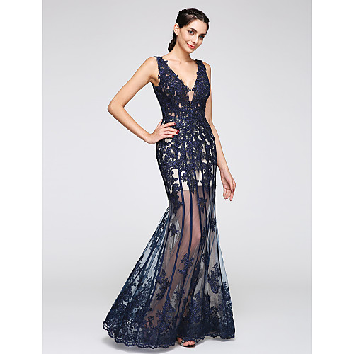 

Mermaid / Trumpet See Through Holiday Cocktail Party Formal Evening Dress Plunging Neck Sleeveless Floor Length Lace Over Tulle with Appliques 2021