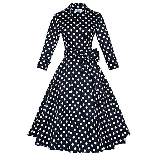 

Women's Loose Midi Dress White Black Polka Dot Split Deep V Shirt Collar Vintage Cotton S M L XL XXL 3XL