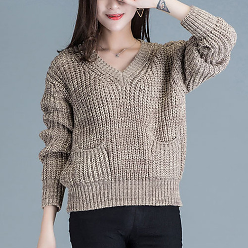 

Women's Streetwear Solid Colored Pullover Long Sleeve Short Sweater Cardigans V Neck Fall Camel Wine