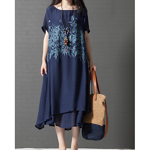

Women's A Line Dress Midi Dress White Navy Blue Short Sleeve Blue Botanical Layered Print Summer Round Neck Chinoiserie Cotton M L XL XXL 3XL / Plus Size