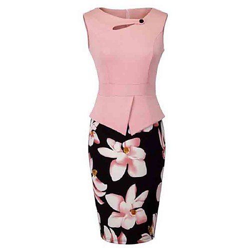 

Women's Sheath Dress Knee Length Dress Yellow Red Fuchsia Pink Sleeveless Dusty Rose Floral Cut Out Print Summer Round Neck Floral S M L XL XXL 3XL / Plus Size
