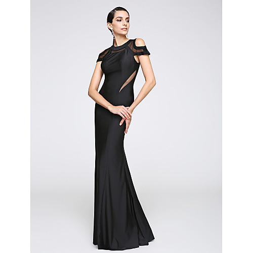 

Mermaid / Trumpet Elegant Holiday Cocktail Party Formal Evening Dress Jewel Neck Short Sleeve Floor Length Jersey with Pleats 2021