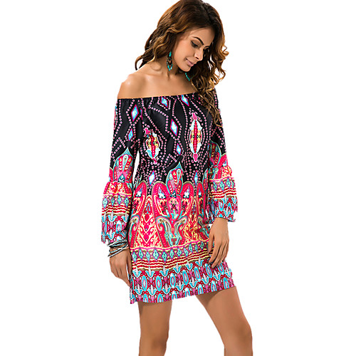 

Women's Shift Dress Short Mini Dress Black Fuchsia Pink Green Long Sleeve Crane Tribal Print Summer Off Shoulder Boho Off Shoulder M L XL XXL 3XL