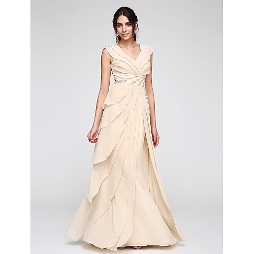 

A-Line Elegant Prom Formal Evening Dress V Neck Sleeveless Floor Length Chiffon with Ruched Tier 2021