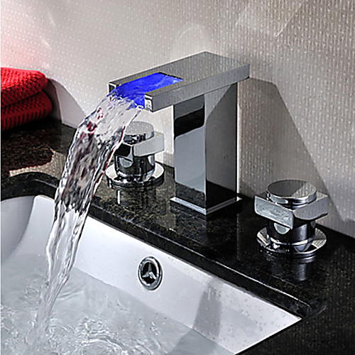 

Contemporary Art Deco/Retro Modern Widespread Waterfall Widespread LED Ceramic Valve Two Handles Three Holes Chrome, Bathroom Sink Faucet