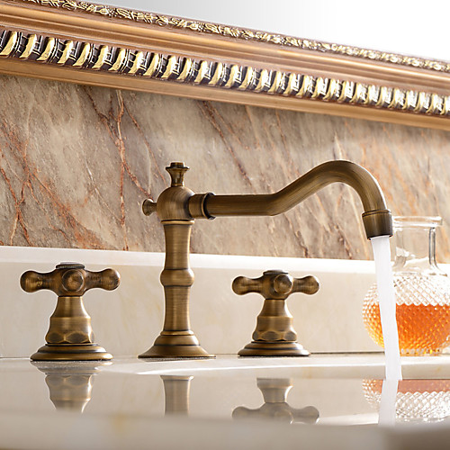 

Two HandlesBathroomFaucet,Antique Copper Three Holes Widespread/Centerset Bath Taps,Brass Traditional Bathroom SinkFaucet Contain with Supply Lines