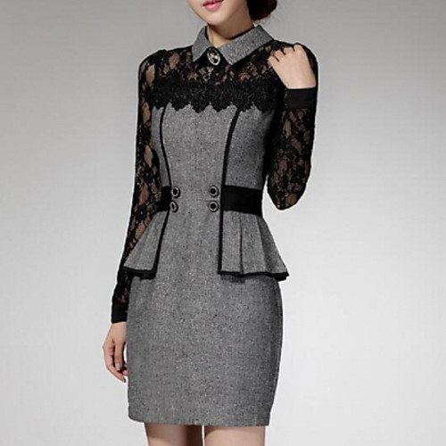 

Women's Sheath Dress Short Mini Dress Red Gray Long Sleeve Solid Colored Fall Winter Shirt Collar Sophisticated Lace S M L XL XXL 3XL / Plus Size