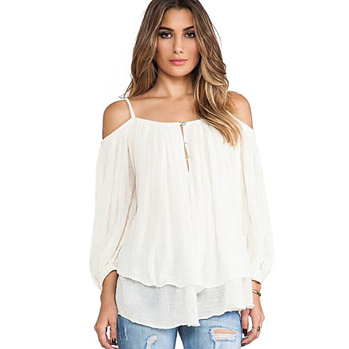 

Women's Blouse Solid Colored Long Sleeve Daily Tops Cotton White