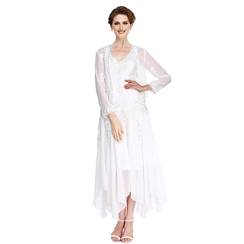

A-Line Mother of the Bride Dress Convertible Dress V Neck Asymmetrical Chiffon Beaded Lace Long Sleeve with Beading Appliques 2021