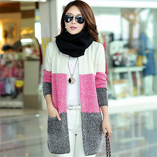 

Women's Casual Color Block Cardigan Long Sleeve Long Sweater Cardigans Cowl Neck Fall Winter White Purple Yellow