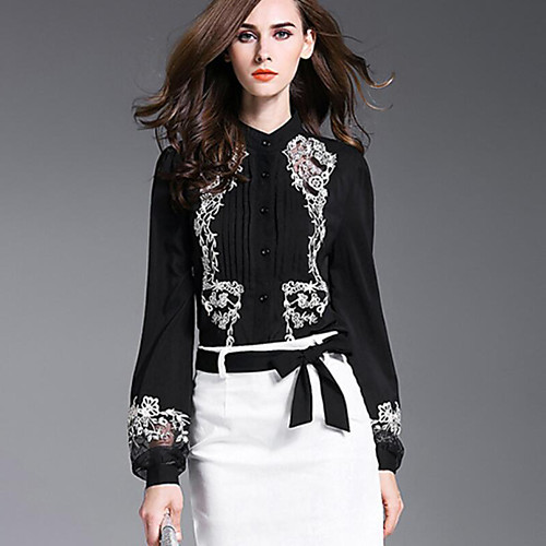 

Women's Shirt Embroidered Pleated Mesh Long Sleeve Daily Tops Sophisticated Black