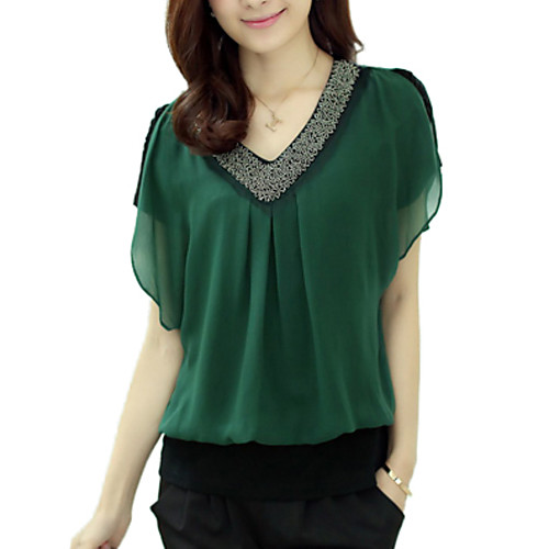 

Women's Blouse Solid Colored Plus Size Beaded Short Sleeve Daily Tops Casual Black Red Green