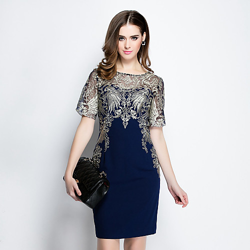 

Women's Bodycon Short Mini Dress Blue Short Sleeve Embroidered Cut Out Summer Round Neck Casual Slim Embroidery S M L XL XXL