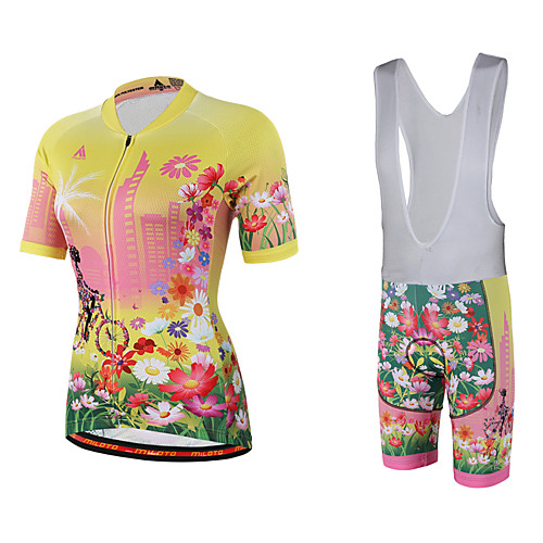 

Miloto Women's Short Sleeve Cycling Jersey with Bib Shorts Yellow Floral Botanical Plus Size Bike Bib Shorts Jersey Bib Tights Breathable Quick Dry Sweat-wicking Sports Polyester Lycra Floral