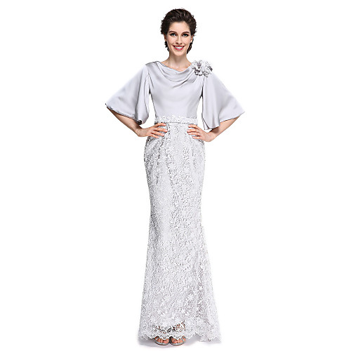 

Mermaid / Trumpet Mother of the Bride Dress Elegant Cowl Neck Ankle Length Lace Satin Chiffon Half Sleeve with Lace Flower 2021