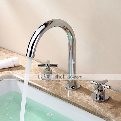 

Two Handles Bathroom Faucet, Chrome Three Holes Widerspread, Brass Contemporary Bathroom Sink Faucet with Supply Lines