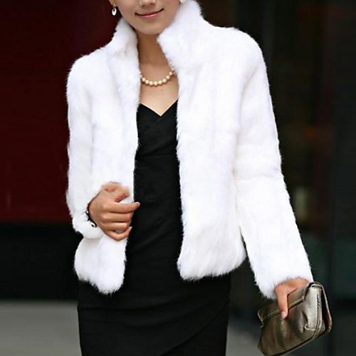 

Women's Winter Short Fur Coat, Solid Colored Stand Long Sleeve Faux Fur Formal Style Black / White