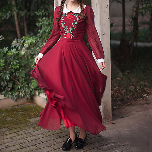 

Women's Swing Dress Maxi long Dress Wine Blue Long Sleeve Jacquard Solid Colored Pleated Fall Winter Peter Pan Collar Lantern Sleeve Embroidery S M L XL