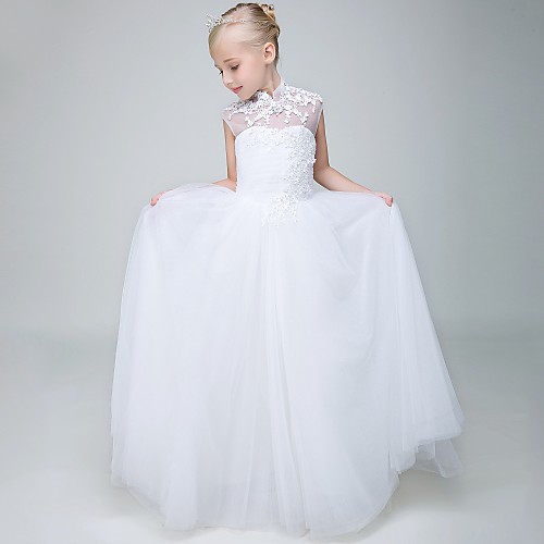 

Ball Gown Ankle Length Wedding / First Communion Flower Girl Dresses - Tulle Sleeveless High Neck with Beading / Appliques