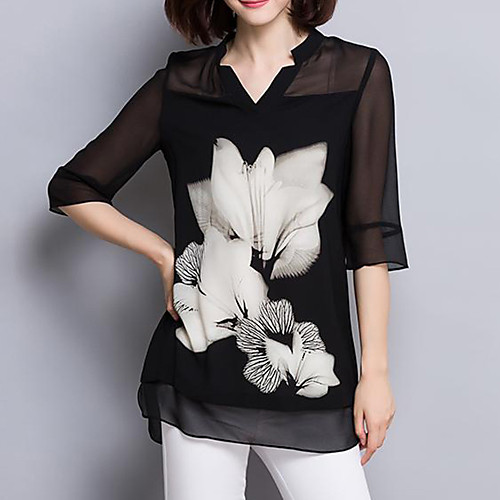 

Women's Blouse Shirt Floral Flower Split V Neck Tops Streetwear Basic Top Black