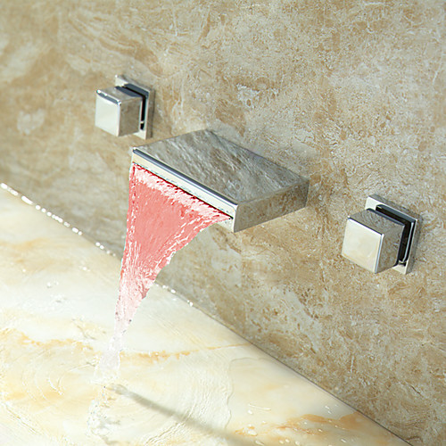 

Bathroom Sink Faucet - Waterfall / LED Chrome Wall Mounted Two Handles Three HolesBath Taps / Brass