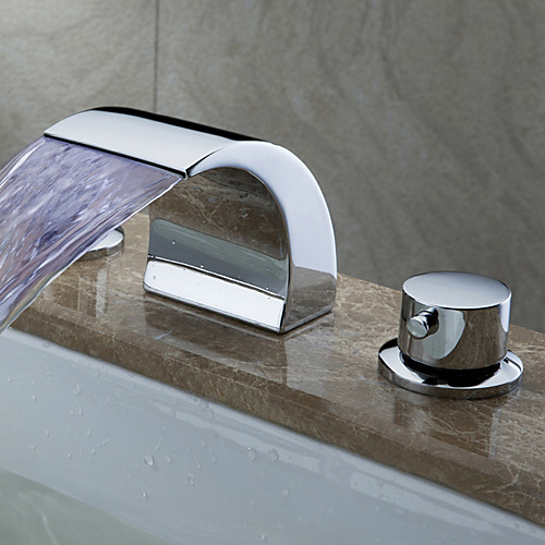 

Contemporary Art Deco/Retro Modern Widespread Waterfall Widespread LED Ceramic Valve Two Handles Three Holes Chrome, Bathroom Sink Faucet