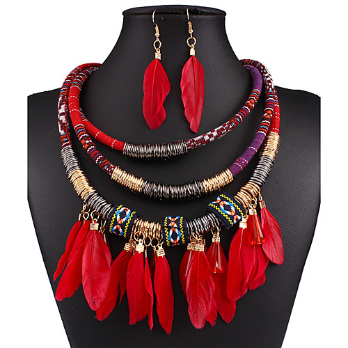 

Women's Jewelry Set Drop Earrings Statement Necklace Stacking Stackable Ethnic Elegant Festival / Holiday Native American fancy Feather Earrings Jewelry Black / Red / Blue For Wedding Party Daily