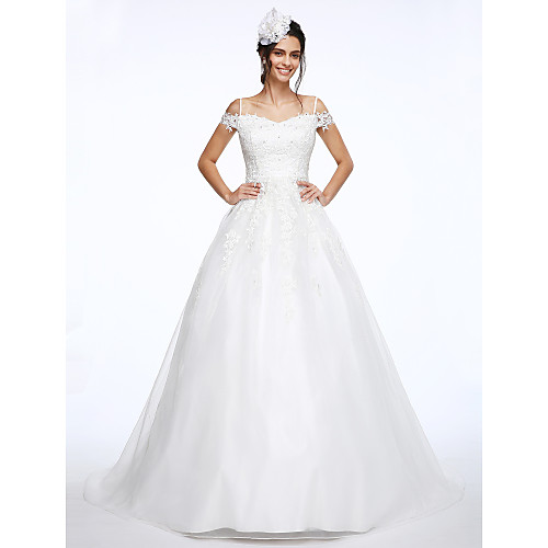 

Ball Gown Wedding Dresses Off Shoulder Court Train Organza Beaded Lace Short Sleeve with Beading Appliques 2021