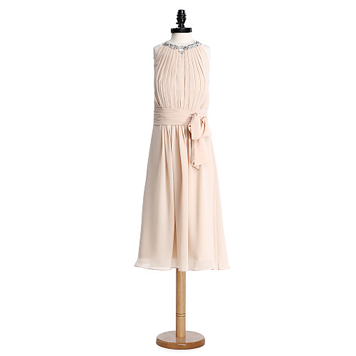 

Sheath / Column Jewel Neck Tea Length Chiffon Junior Bridesmaid Dress with Sequin / Draping / Ruched / Natural