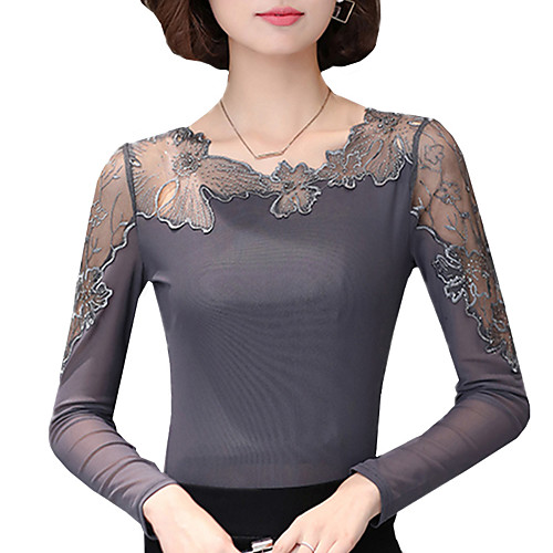 

Women's Blouse Patchwork Sexy Plus Size Lace Trims Long Sleeve Going out Tops Black Gray