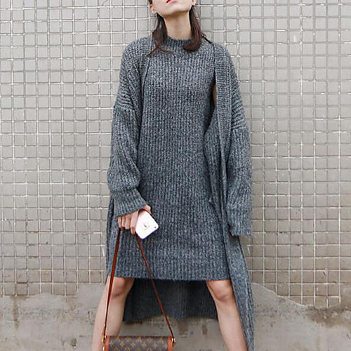 

Women's Solid Colored Cardigan Sweater Dress Rabbit Fur Long Sleeve Long Sweater Cardigans Round Neck Spring Fall Dark Gray Khaki