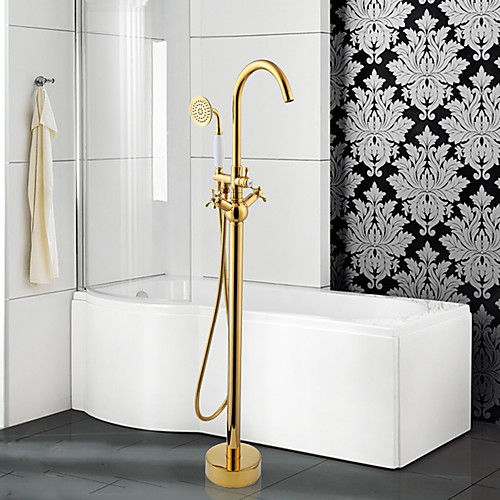 

Modern Tub And Shower Widespread / Floor Standing / Pullout Spray with Ceramic Valve Two Handles One Hole