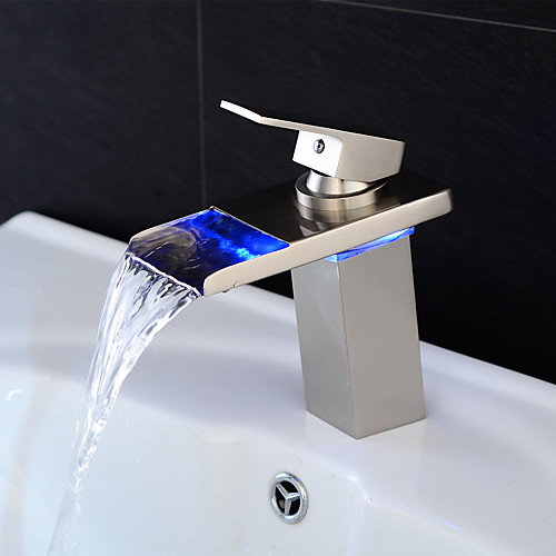 

Bathroom Sink Faucet - Waterfall / LED Nickel Brushed Centerset Single Handle One HoleBath Taps / Brass