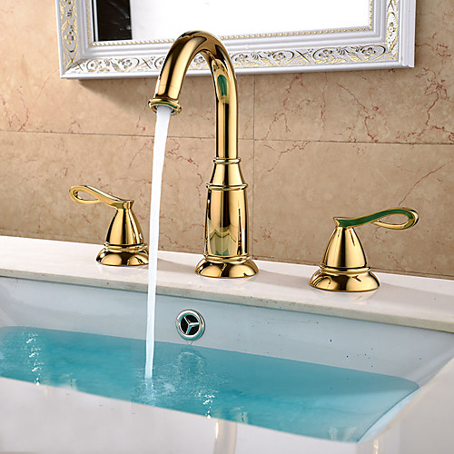 

Contemporary Modern Widespread Widespread Ceramic Valve Two Handles Three Holes Ti-PVD, Bathroom Sink Faucet