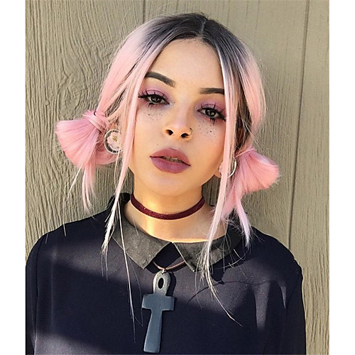 

Synthetic Wig Straight Straight Wig Pink Medium Length Pink Green Synthetic Hair Women's Ombre Hair Dark Roots Middle Part Pink Green