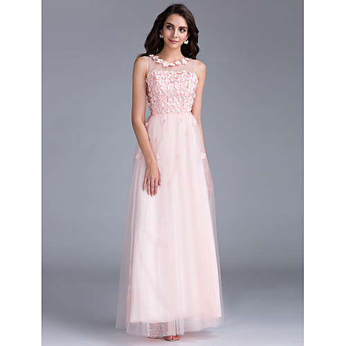 

A-Line Floral Lace Up See Through Formal Evening Dress Illusion Neck Sleeveless Floor Length Tulle with Beading Flower 2021