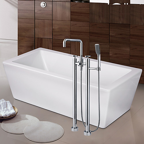 

Contemporary Art Deco/Retro Modern Tub And Shower Waterfall Widespread Floor Standing Ceramic Valve Two Handles Two Holes Chrome, Bathtub