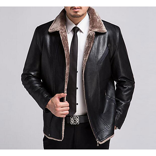 

Men's Leather Jackets Solid Colored Basic Winter Coat Daily Long Sleeve Lambskin Coat Tops Black