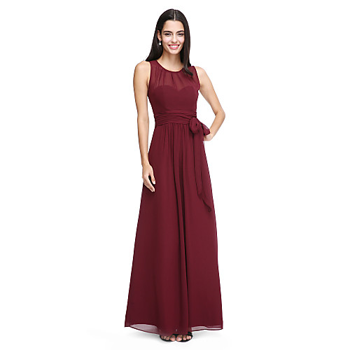 

Sheath / Column Jewel Neck Ankle Length Chiffon Bridesmaid Dress with Sash / Ribbon / Bow(s) / Pleats