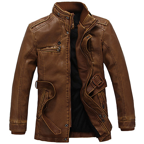 

Men's Leather Jackets Solid Colored Fall Jacket Regular Daily Long Sleeve Coat Tops Light Brown