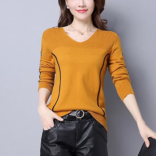 

Women's Streetwear Striped Pullover Wool Long Sleeve Regular Sweater Cardigans V Neck Fall Winter Black Yellow Blushing Pink / Going out