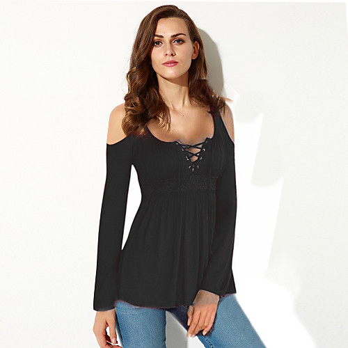 

Women's T shirt Solid Colored Plus Size Cut Out Long Sleeve Daily Tops Basic Wine White Black