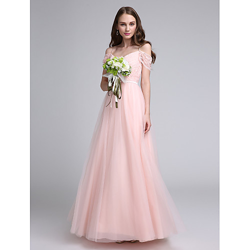

A-Line Spaghetti Strap Floor Length Lace Over Tulle Bridesmaid Dress with Lace / Sash / Ribbon / Open Back