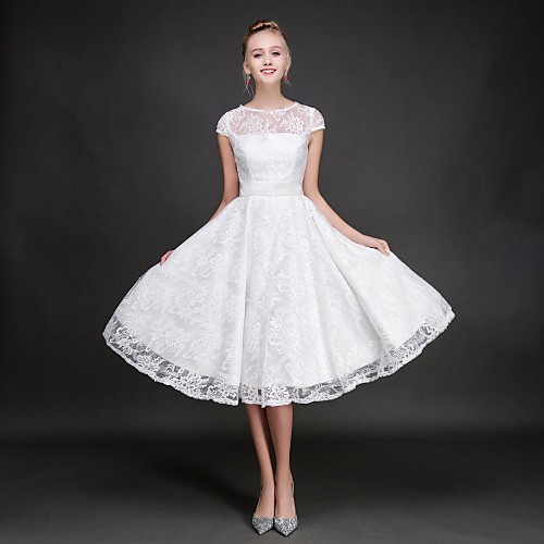 

A-Line Jewel Neck Knee Length Lace Bridesmaid Dress with Sash / Ribbon