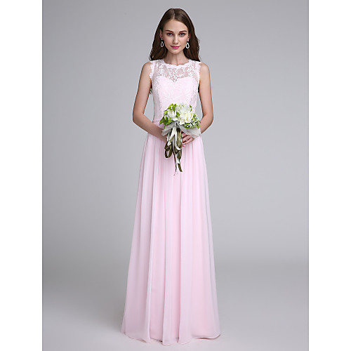 

Sheath / Column Jewel Neck Floor Length Chiffon / Lace Bodice Bridesmaid Dress with Lace