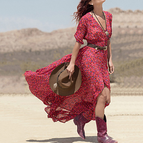 

Women's Chiffon Dress Maxi long Dress Red 3/4 Length Sleeve Floral Summer Deep V Boho Boho Bohemia Beach S M L XL